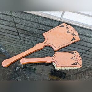 Vintage Pink Art Deco Hand Mirror Brush Vanity Set Hollywood Regency Celluloid